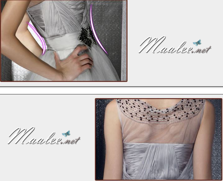 พร้อมเช่า ชุดราตรียาว สีเทาอ่อน อกจับจีบผ้าชีฟอง สไตล์กรีก ช่วงคอแแต่งลูกปัดผ้าตาข่าย&กระโปรง เอวแต่งลูกปัดพร้อมเลื่อม