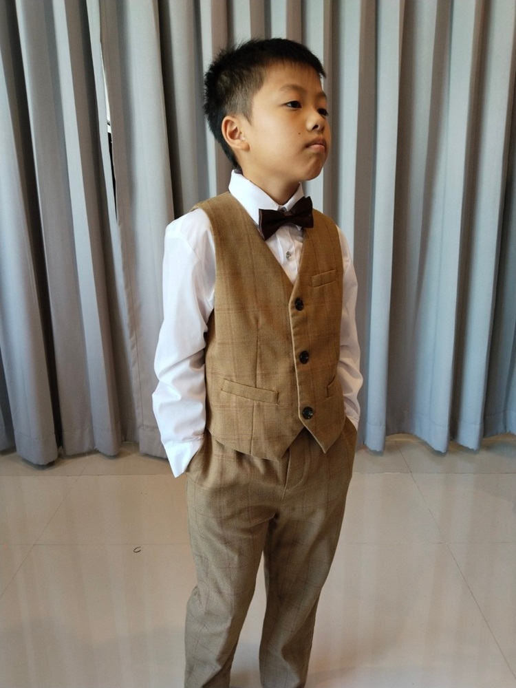 พร้อมเช่า ชุดสูทเด็กชาย สีน้ำตาลลายตาราง ** พร้อมเช่าไซส์ 110 130 **