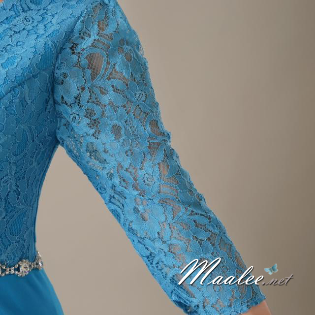 พร้อมส่ง ชุดราตรียาว สีฟ้า ไซส์ใหญ่ แขนสามส่วน แต่งลูกไม้ กระโปรงผ้าชีฟอง เอวแต่งเพชร ** มีไซส์ 2XL- 9XL (อก48 เอว42) **