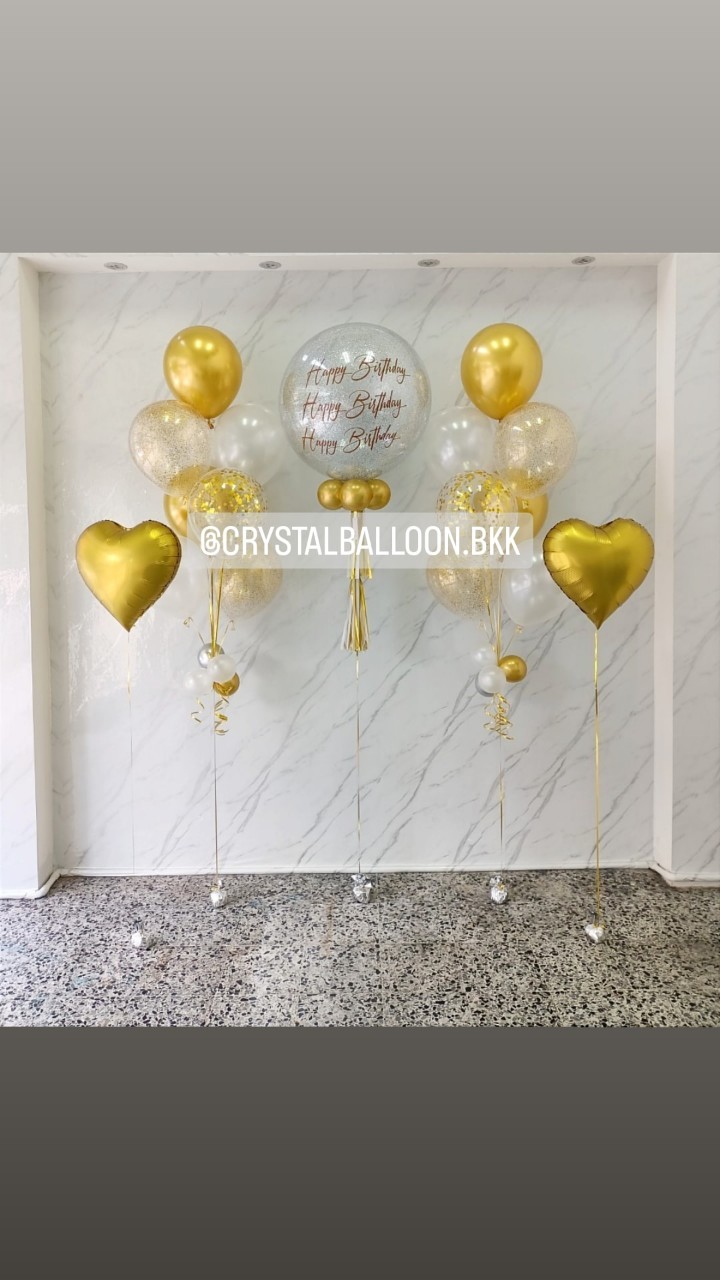 ลูกโป่ง วันเกิด Bubble ขนาด 24" กลิตเตอร์สีเงิน พร้อม ช่อลูกโป่ง 7 ลูก 2 ช่อ พร้อมตกแต่ง ลูกโป่งใส ใส่กลิตเตอร์,ฟอยล์หัวใจ ขนาด 18" ตั้งพื้น 2 ชิ้น สามารถเปลี่ยนสีลูกโป่ง/เปลี่ยนข้อความ/เปลี่ยนขนาด/เปลี่ยนสี-ฟอยล์ตกแต่งได้