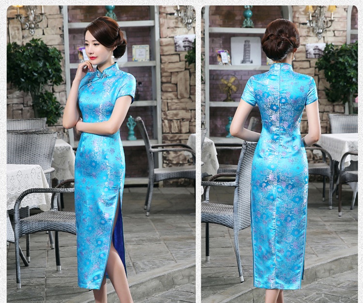 Pre-order กี่เพ้า สีฟ้า ผ้าไหมจีน กุ๊นขอบ ตัดเย็บอย่างดี