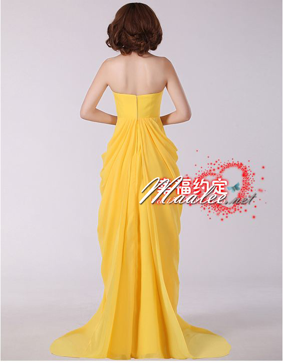 พร้อมส่ง ชุดราตรียาว เกาะอก สีเหลืองสด จับจีบข้างสะโพกสวย