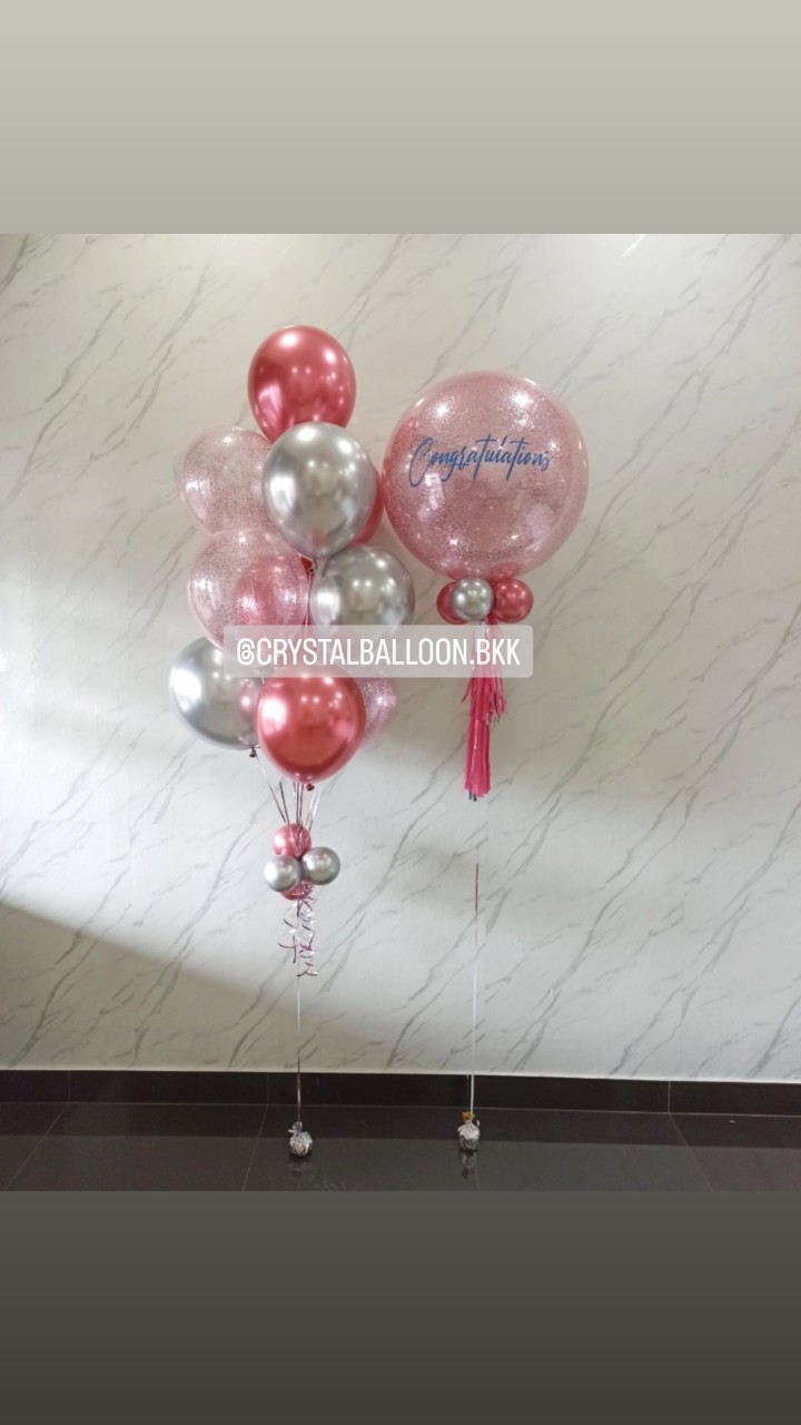 ลูกโป่ง แสดงความยินดี Bubble ขนาด 24" กลิตเตอร์สีชมพู พร้อม ช่อลูกโป่งสีโครเมี่ยม ช่อ 10 ลูก 1 ช่อ,ลูกโป่งใส ใส่กลิตเตอร์ พร้อมตกแต่ง สามารถเปลี่ยนสีลูกโป่ง/เปลี่ยนข้อความ/เปลี่ยนขนาดได้