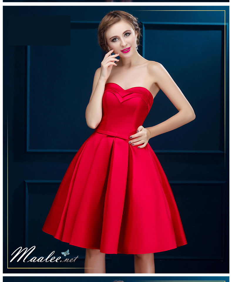 พร้อมส่ง ชุดราตรีสั้น เกาะอกแบบ Sweet Heart สไตล์วินเทจผ้าไหมดัชเชส กระโปรงทรงA แต่งโบว์ช่วงเอว สีแดง (เชือกผูกหลัง)