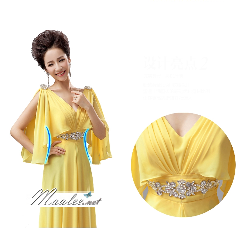 พร้อมเช่า ชุดราตรียาว สีเหลือง แบบเก๋ แขนย้วยผ่าข้างช่วยพรางต้นแขน แต่งเลื่อมช่วงเอว เข็มกลัดเพชรตรงไหล่