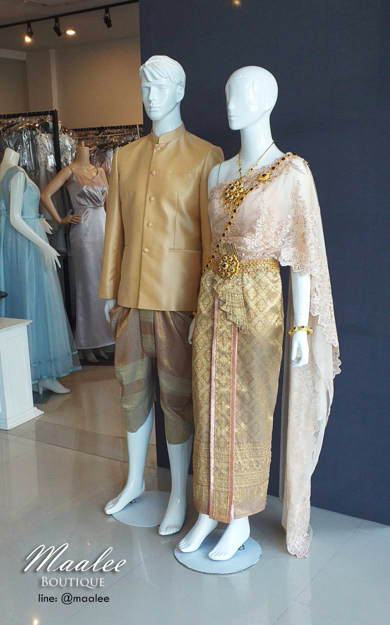 พร้อมเช่า ชุดแต่งงานไทยประยุกต์ สไบลูกไม้สีชมพูนู๊ดทอง (ราคาเช่าเป็นคู่)