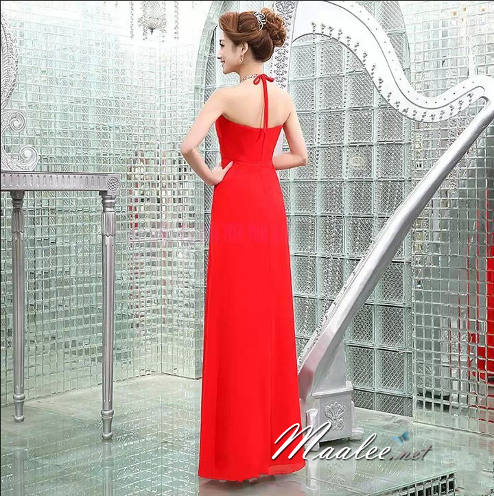 พร้อมเช่า สำหรับสาวไซส์ใหญ่ ชุดราตรียาว เกาะอกแบบเชือกคล้องคอ อกจับจีบ แต่งเพชรหรู Sexy สีชมพู Hot pink