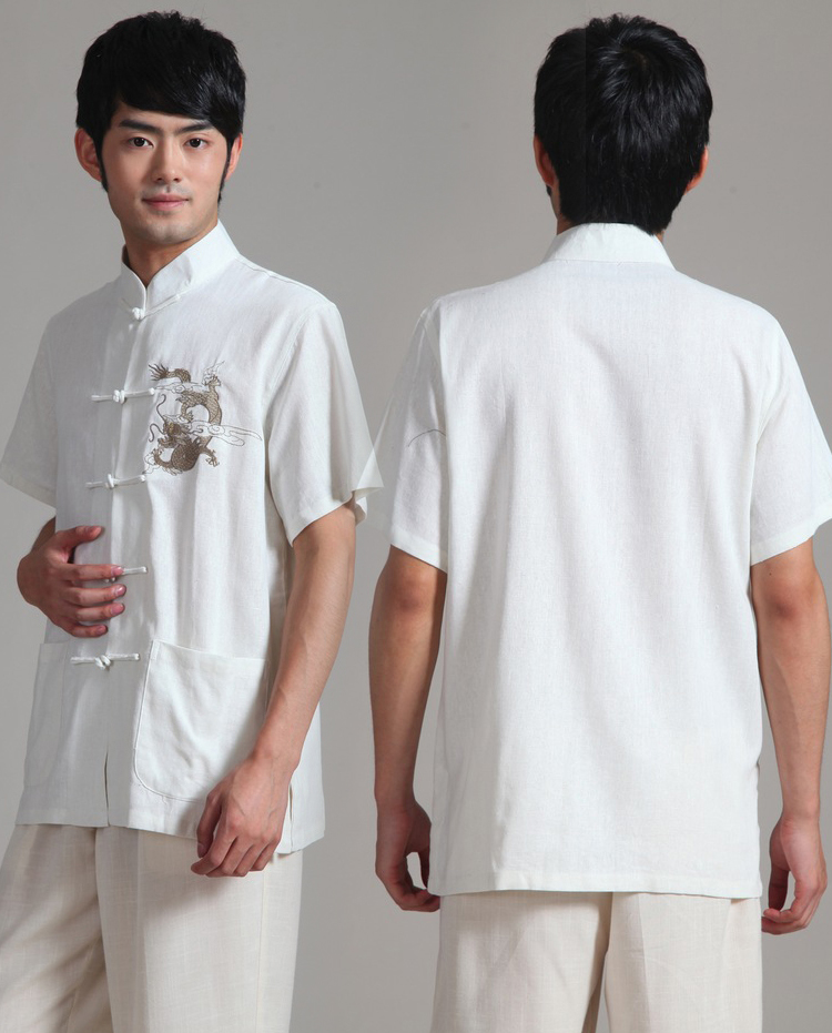 Pre-order ชุดจีน เสื้อจีนชาย แขนสั้น ผ้าฝ้าย สีขาว ปักลายมังกร