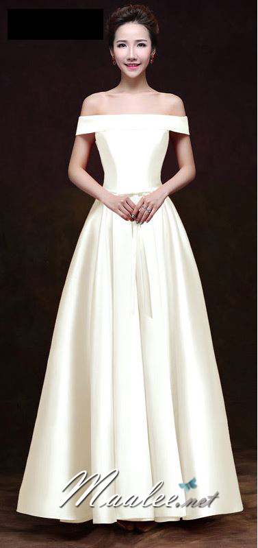 พร้อมส่ง ชุดราตรียาว แบบไหล่ปาด สไตล์วินเทจผ้าไหมดัชเชส กระโปรงทรงA แต่งโบว์2ชั้น ช่วงเอว สีขาว (เชือกผูกหลัง)