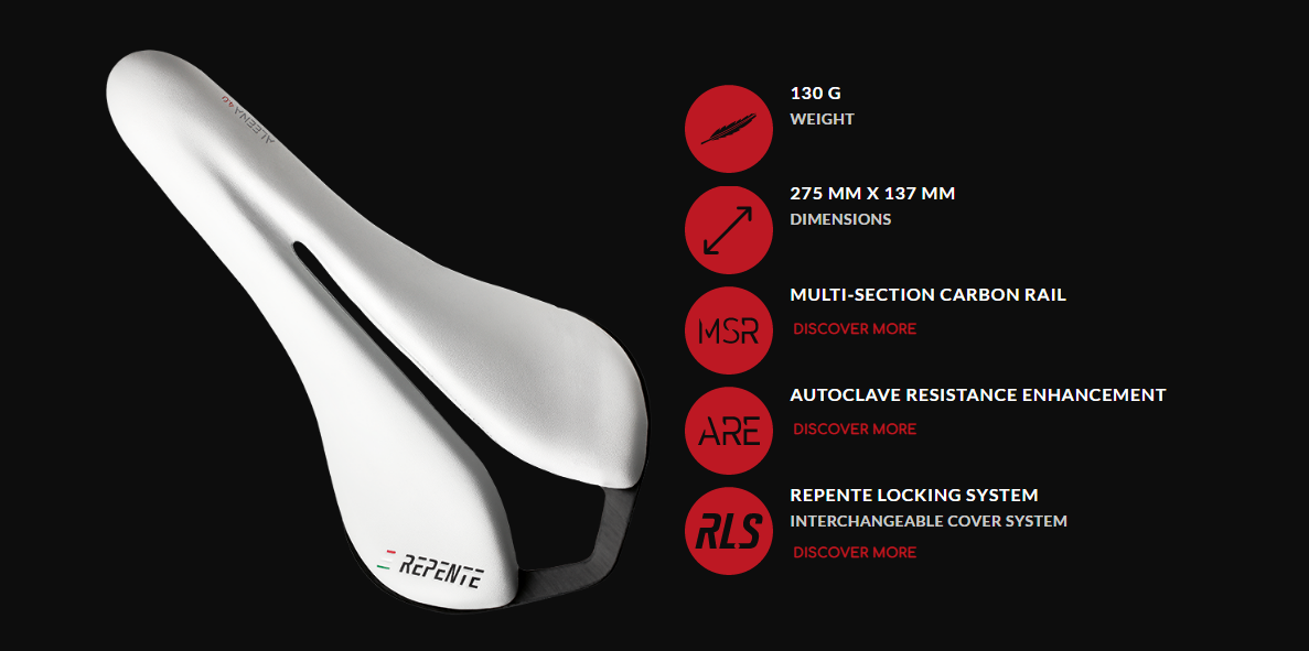 เบาะ REPENTE Aleena 4.0 Saddle, รางคาร์บอน ขนาด 137x275mm., หนัก 130 กรัม, MADE IN ITALY.