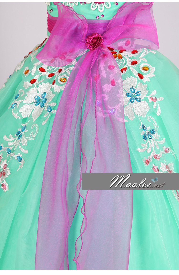 พร้อมเช่า ชุดแฟนซี ชุดราตรียาว เกาะอก สีเขียวมิ้นต์ แต่งลูกไม้ ลาย Polkadot