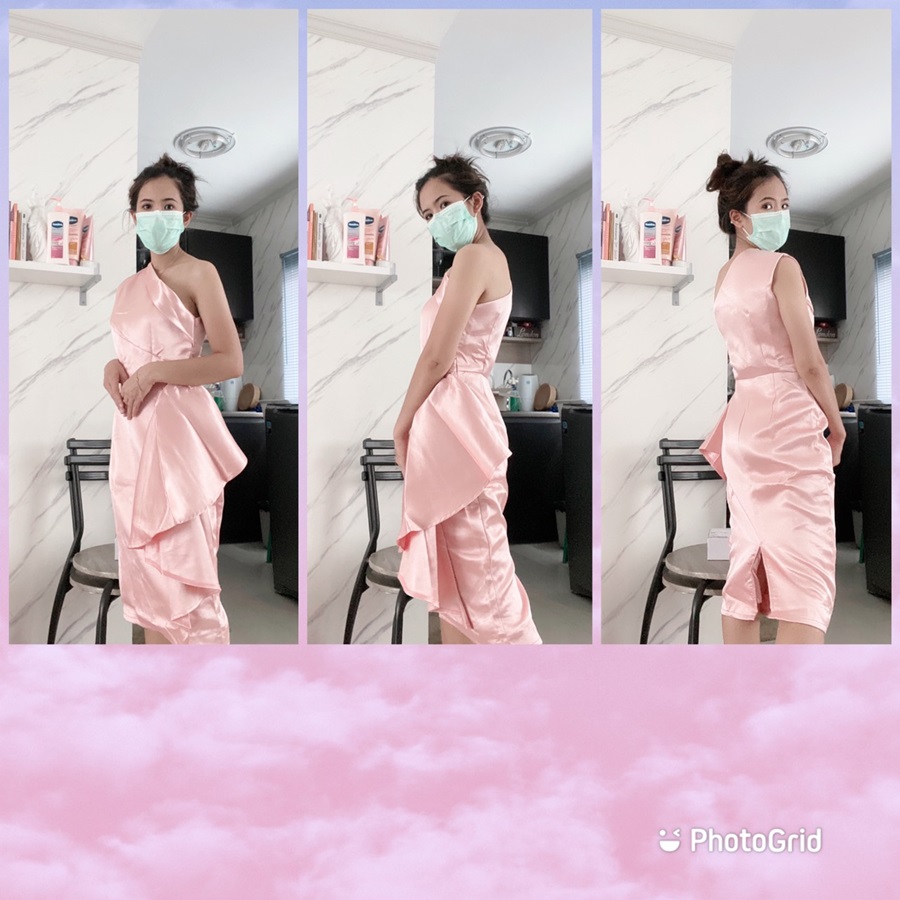 พร้อมส่ง ชุดเดรสสั้น เดรสไหล่เดียว ผ้าดัชเชส แพทเทิร์นเนียบ แต่งระบายสะโพก สีโอโรส