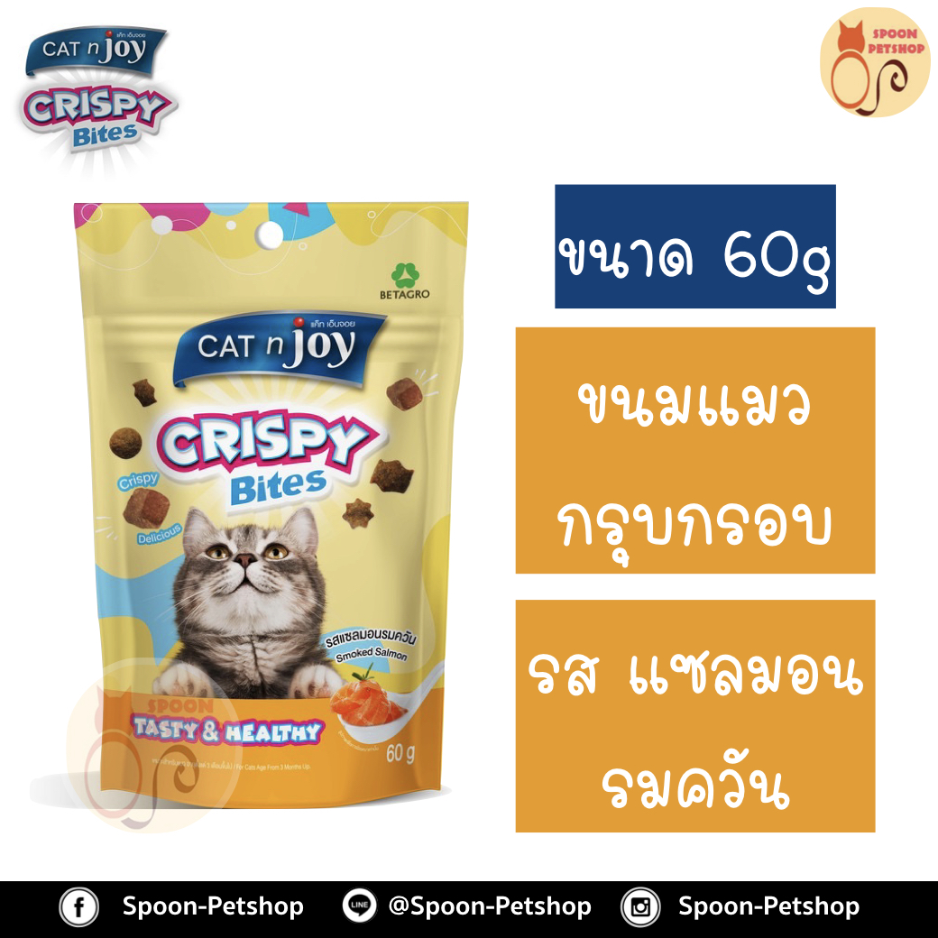 Cat 'n Joy Crispy Bites ขนมแมว กรุบกรอบ แบบชิ้น แคทเอ็นจอย คริสปี้ ไบท์ รสแซลมอนรมควัน ขนาด 60g