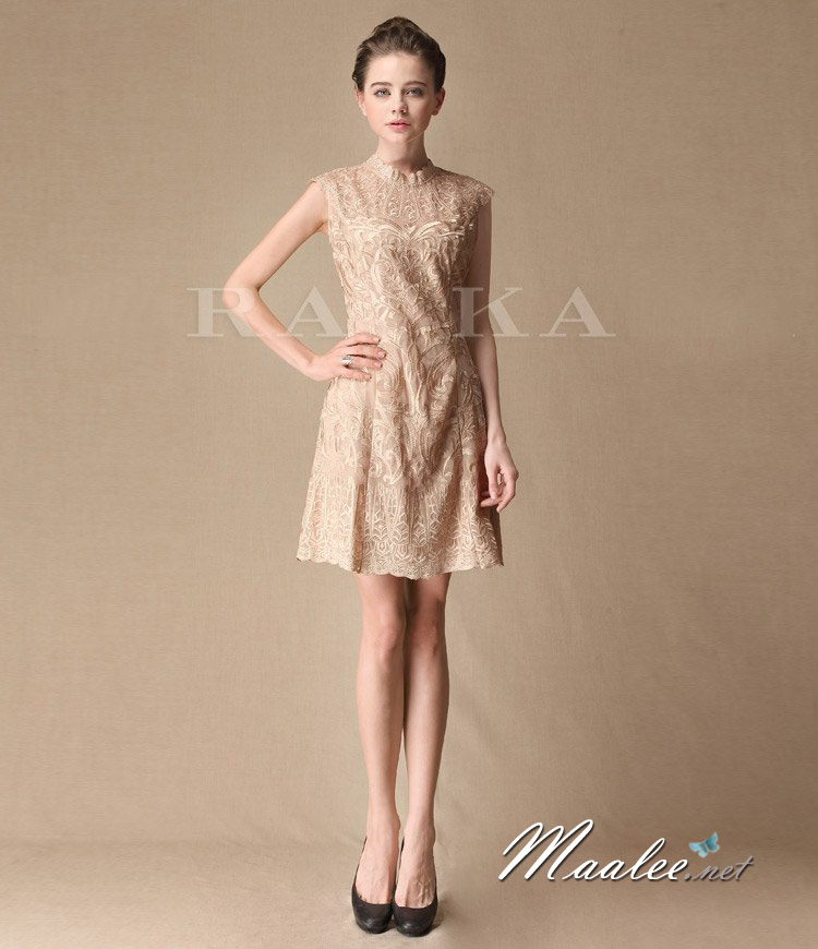 พร้อมเช่า ชุดราตรีสั้น ลูกไม้สี Apricot แขนกุด ดูชุดจริงภาพล่างสุด