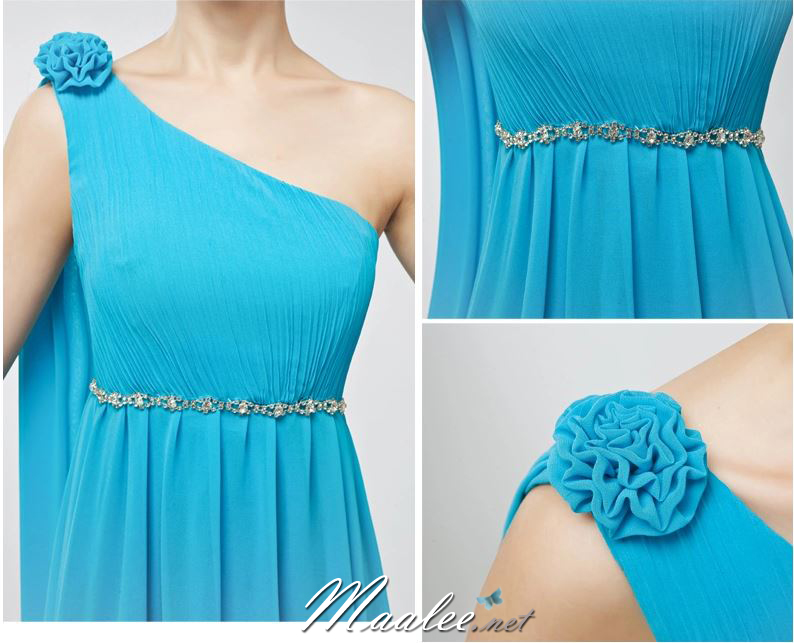 พร้อมส่ง ชุดราตรียาว ไหล่เดียว ผ้าชีฟองแต่งดอกที่ไหล่ เอวคาดเพชรสวย สีโอรส