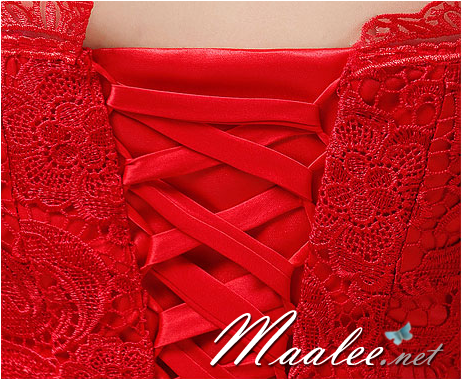 พร้อมเช่า ชุดราตรียาว สีแดง ลูกไม้ทัั้งตัว เปิดไหล่ แขนสามส่วน