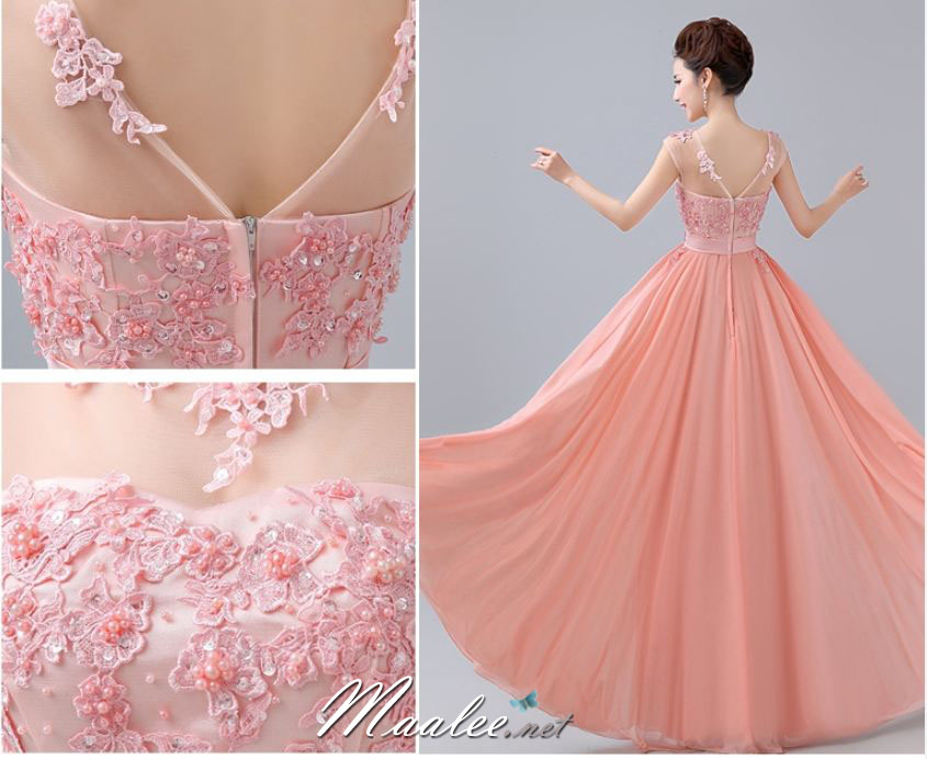 พร้อมเช่า ชุดราตรียาว สีโอโรส คอปาด แต่งลูกไม้หรูเซาะดอก ปักลูกปัด