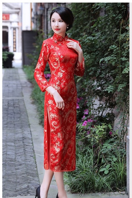 Pre-order กี่เพ้า ผ้าไหมจีน สีแดง แขนยาว ลายนกฟินิกซ์ ตัดเย็บอย่างดี