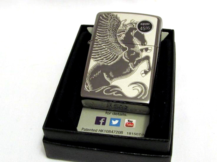 ไฟแช็ค Zippo แท้ ลายม้าเพกาซัส "Winged Pegasus Black Ice Chrome" #28802 แท้นำเข้า 100%