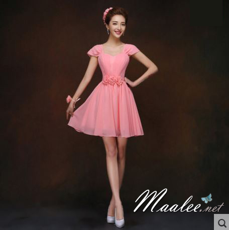 พร้อมเช่า ชุดราตรีสั้น สีโอโรส ผ้าชีฟอง อกจับจีบแต่งดอกช่วงเอว แขนใส่ได้ 2แบบ แขนกุด/ปิดไหล่ (เชือกผูกหลัง)