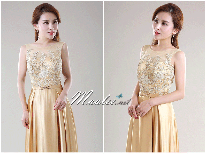 พร้อมเช่า ชุดราตรียาว สีทอง ปักลูกไม้ ด้านหลังเป็นแบบซีทรู กระโปรงผ้าซาติน