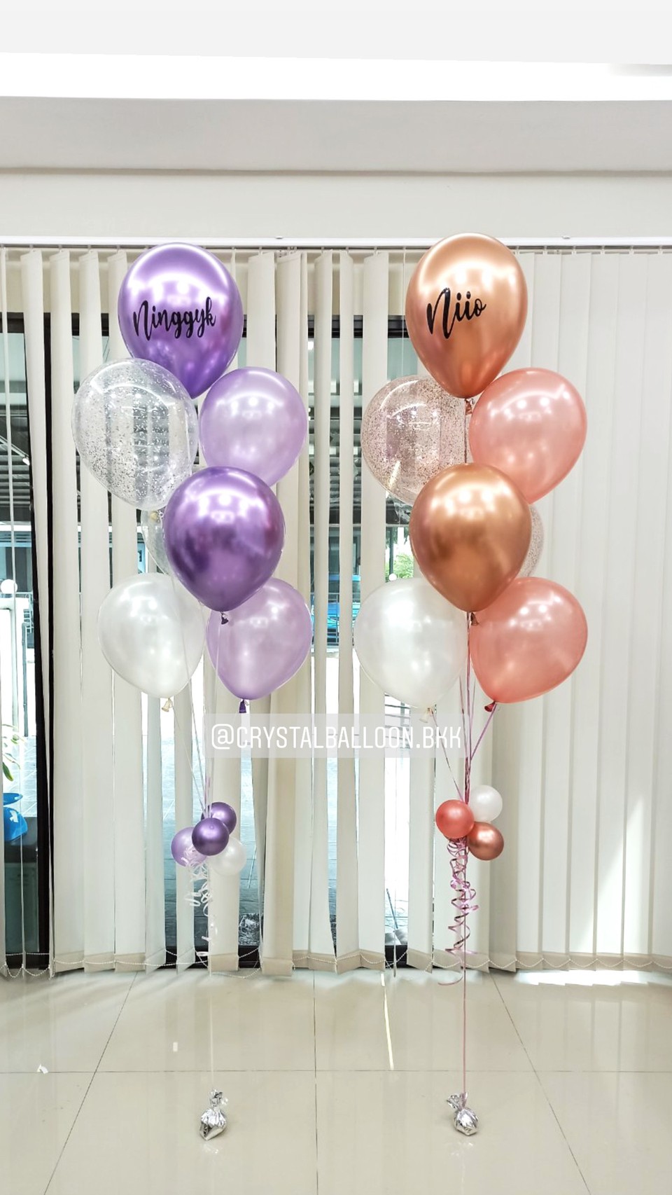 ลูกโป่ง แสดงความยินดี ช่อลูกโป่ง ช่อ 7 ลูก 2 ช่อ Theme ม่วง-โรสโกล พร้อม ลูกโป่งใส ใส่กลิตเตอร์ พร้อมตกเเต่ง สามารถเปลี่ยนสีลูกโป่ง/เปลี่ยนข้อความได้