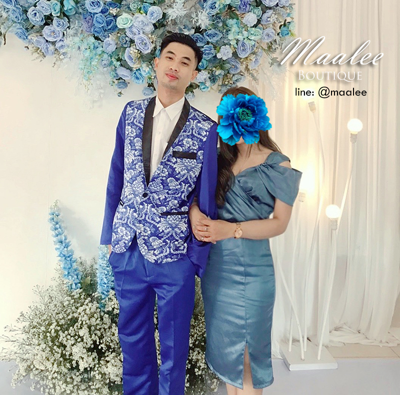 พร้อมเช่า ชุดสูทจีนชาย สีน้ำเงิน แต่งปกดำ ซาติน