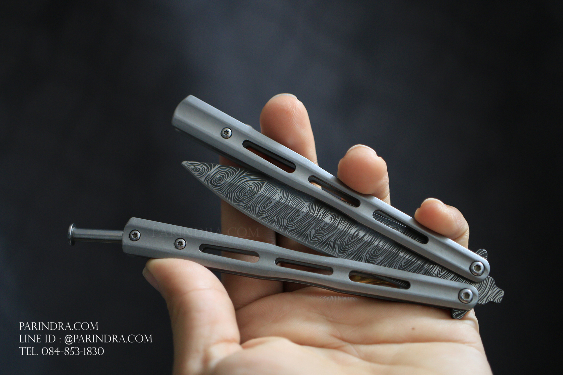 มีดบาลีซอง Balisong มีดควง มีดปีกผีเสื้อ ใบมีดยิงเลเซอร์ลายดามัสกัส