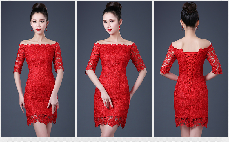 พร้อมส่ง ชุดราตรีสั้น สีแดง ลูกไม้ทัั้งตัว เปิดไหล่ แขนสามส่วน เข้ารูปสวย