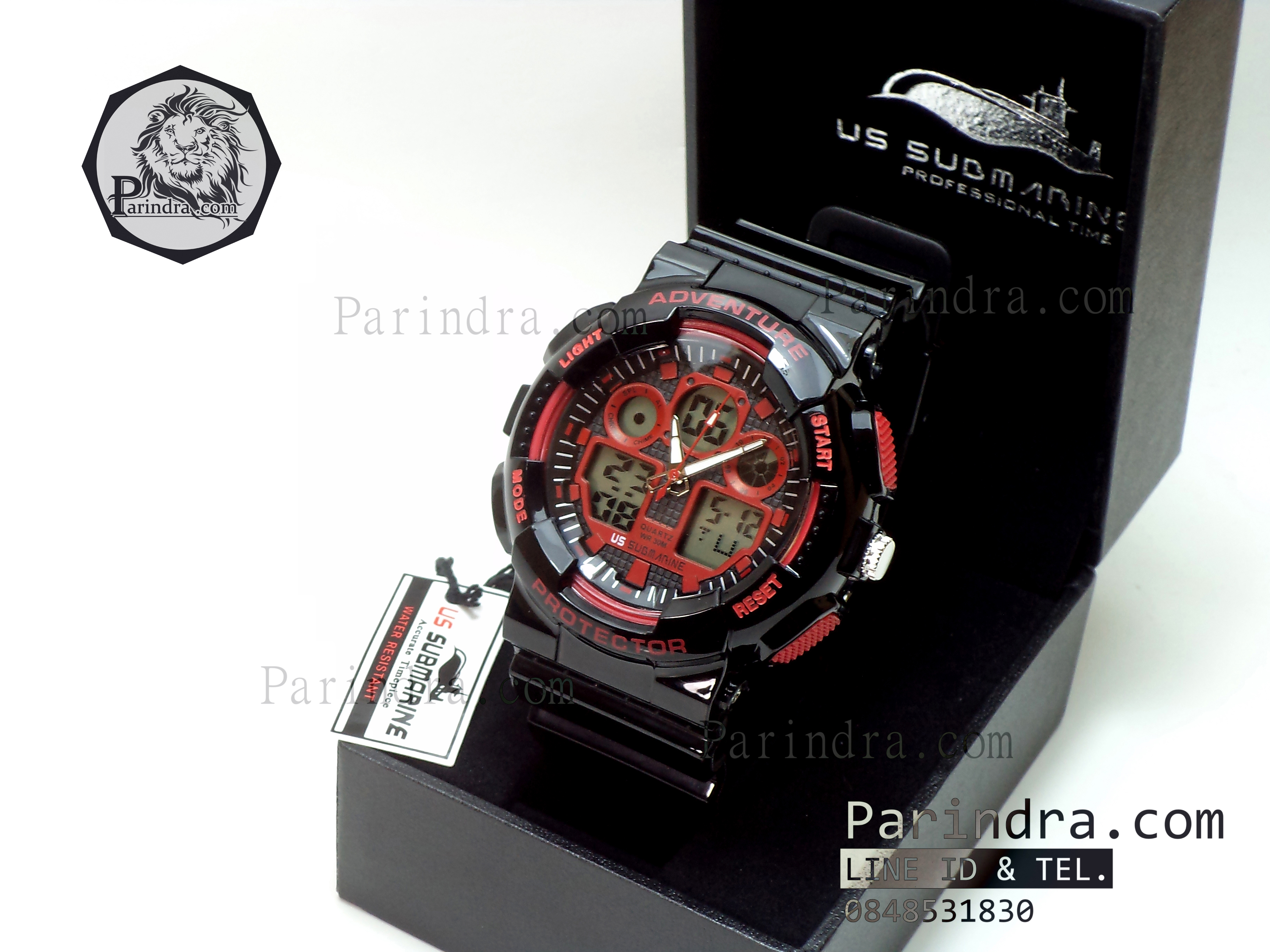 นาฬิกา US submarine Adventure Protector รุ่น TP3129M สีดำตัดแดงผิวมัน พื้นหลังเทา