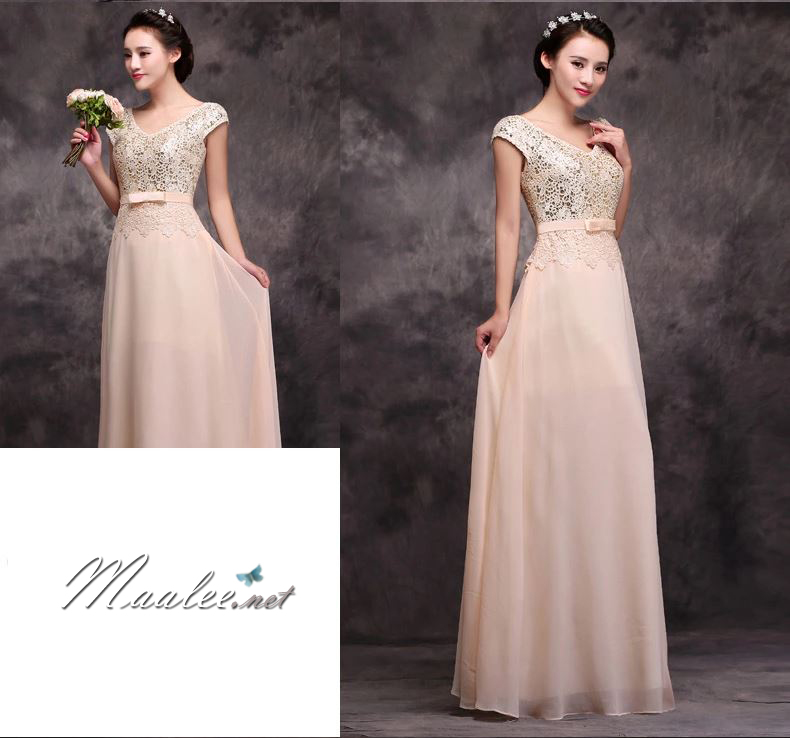 พร้อมเช่า ชุดราตรียาว แขนสั้น กระโปรงผ้าชีฟอง เอวคาดเข็มขัดโบว์ ช่วงบนปักเลื่อมแซมผ้าลูกไม้ สีครีม Champagne