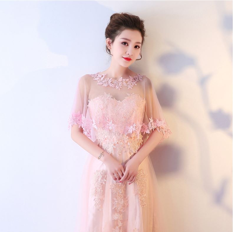พร้อมส่ง เสื้อคลุมชุดราตรี ตาข่ายลูกไม้ สีโอโรส สวยหรู