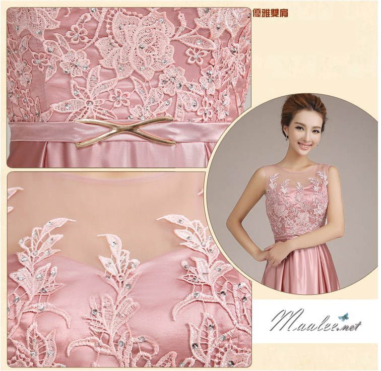 พร้อมเช่า ชุดราตรียาว สีชมพูกะปิ ปักลูกไม้แต่งเลื่อม ด้านหลังเป็นแบบซีทรู กระโปรงผ้าซาติน ชายยาว