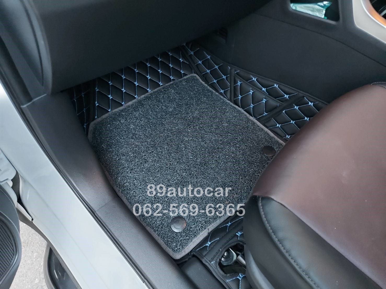 พรมปูพื้นรถยนต์ Mitsubishi Xpander ปูพรม7D สีดำด้ายฟ้า + ดักฝุ่นสีเทา เข้ารูป