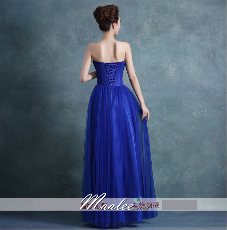 พร้อมส่ง ชุดราตรียาว เกาะอก สีน้ำเงิน ผ้าตาข่ายทั้งชุด อกจับจีบ แต่งลายดอกลูกไม้นูน