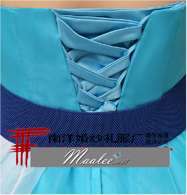 พร้อมเช่า ชุดแฟนซี ชุดราตรียาว สีฟ้า แบบเกาะอก แต่งดอกช่วงอก พร้อมเข็มขัด น่ารักมาก