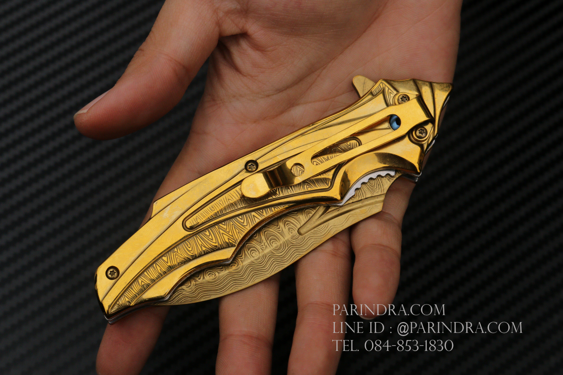 มีดพับทรงใบโค้ง ใบลายดามัสกัส สีทอง สวยมาก