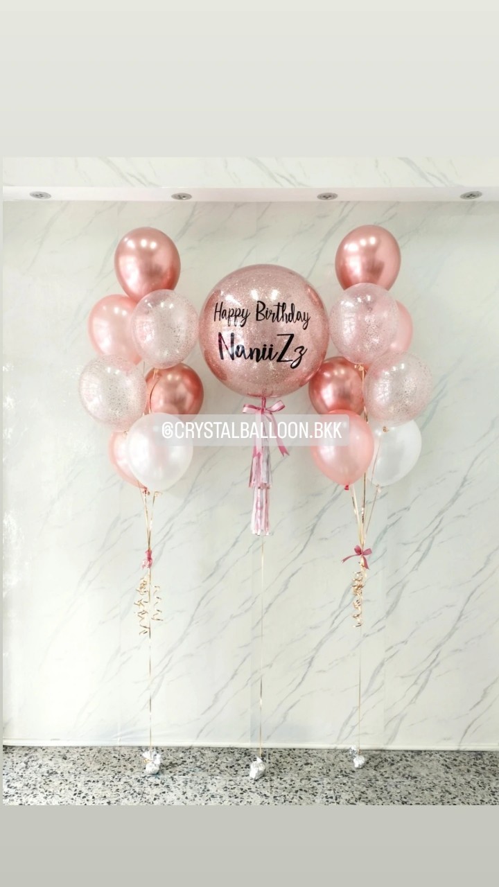 ลูกโป่ง วันเกิด Bubble ขนาด 24" กลิตเตอร์สีโรสโกล 1 ลูก พร้อม ช่อลูกโป่ง ช่อ 7 ลูก 2 ช่อ พร้อมตกแต่ง สามารถเปลี่ยนสีลูกโป่ง/เปลี่ยนข้อความ/เปลี่ยนขนาดได้