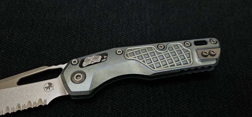 Microtech Marfione Select MSI RAM LOK Ice Blue Titanium Frag Handles w/ Double Vapor Blast & Blue Accents & Part Serrated Stonewash M390MK