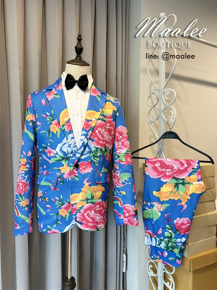 พร้อมเช่า ชุดสูทชาย สูทจีน ลายดอก สีน้ำเงิน