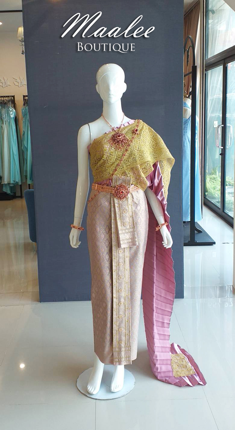 พร้อมเช่า ชุดแต่งงานไทยประยุกต์ สไบสีชมพูกลีบบัว (ราคาเช่าเป็นคู่)