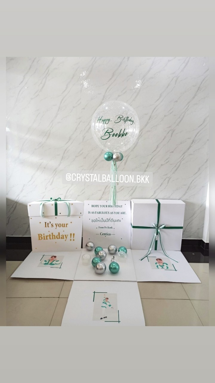 Happy Birthday Surprised Box Bubble 24" Theme สีเขียว พร้อมตกแต่ง สามารถใส่รูปได้ 4 รูป สามารถเปลี่ยนสีลูกโป่ง/เปลี่ยนข้อความได้
