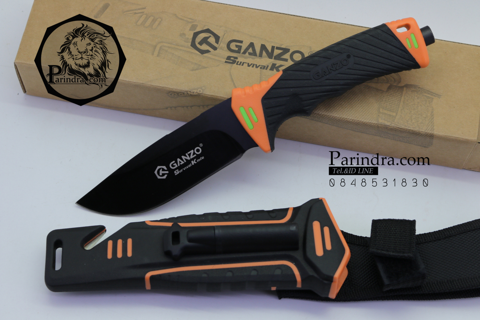 มีดใบตายเดินป่า Ganzo Hunting Survival Knife กานโซ่ รุ่น G-801 OR สีดำตัดส้ม ของแท้ 100%