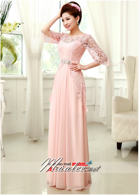 พร้อมเช่า ชุดราตรียาว สี ฟ้าเข้ม แขนสามส่วน แต่งลูกไม้ จับเดรปทรงนาฬิกาทราย (L-3XL)