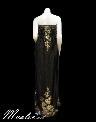 ชุดราตรีเกาะอกยาวหรูสีดำ ลายพิมพ์เถาดอกไม้สีทอง