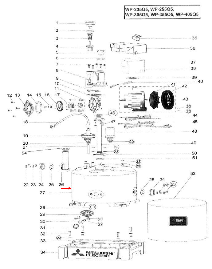 ถังปั้มน้ำ Mitsubishi รุ่น WP205, WP255, WP305 P/N H01403J01(แท้)