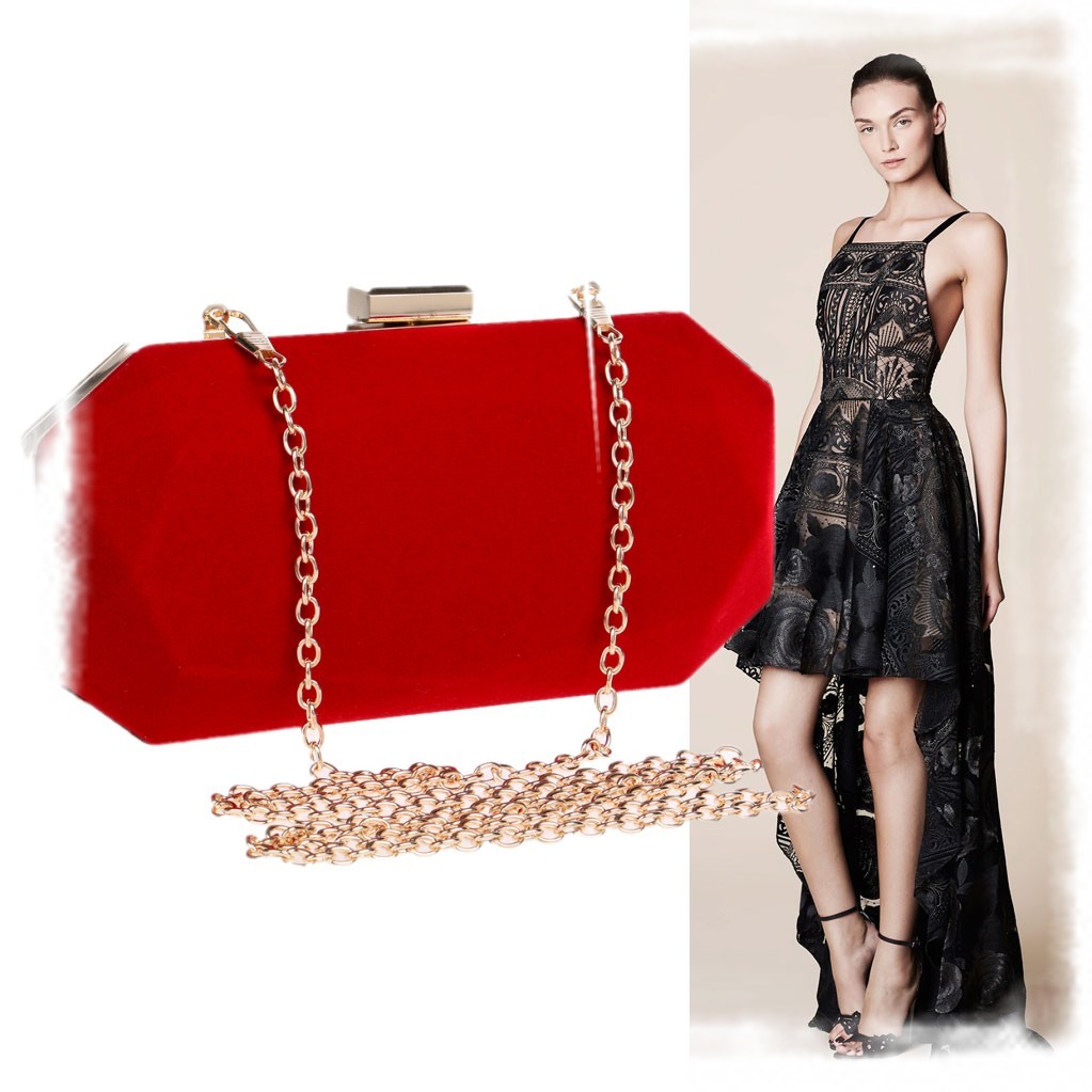 พร้อมส่ง Evening Clutch กระเป๋าออกงาน กำมะหยี่เนื้อนิ่ม สีแดง ทรงเหลี่ยม พร้อมสายโซ่