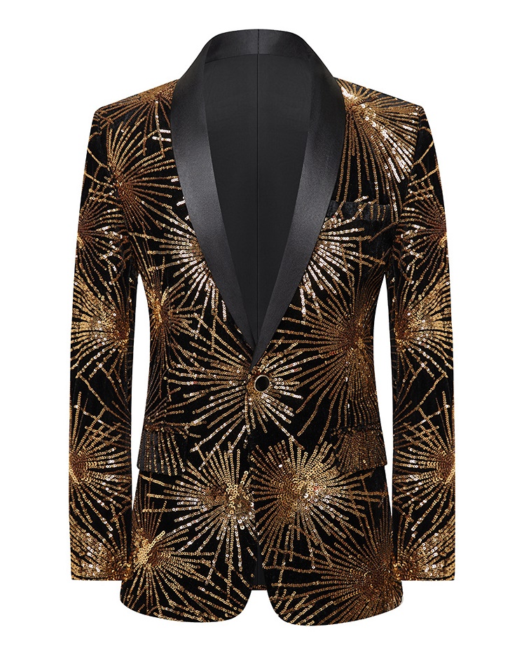 Pre-order เสื้อสูทชาย สูทแฟชั่น สูทดำแต่งเลี่อมเป็นดอกไม้สีทอง