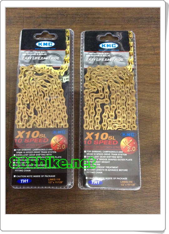 โซ่ทอง KMC X10-SL TI โซ่ 10 Speed ,มี 116 ข้อ พร้อมข้อต่อปลดเร็ว,มีกล่อง ,สีเงินและสีทอง
