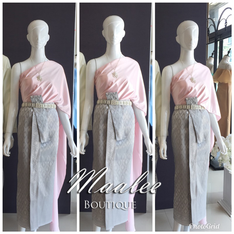 เช่า ชุดไทย ชุดเพื่อนเจ้าสาว ชุดไทยผ้าถุงสีเทาเงิน สไบเรียบ สีชมพูอ่อน